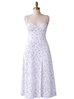 Reformation Linen Floral Midi Dress Size 6 White Blue Graduation Spring